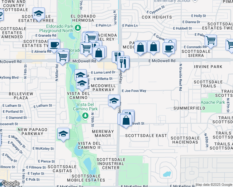 map of restaurants, bars, coffee shops, grocery stores, and more near 1232 North Hayden Road in Scottsdale