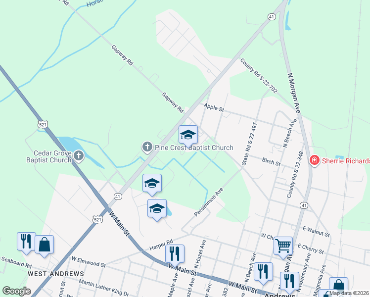 map of restaurants, bars, coffee shops, grocery stores, and more near 13072 County Line Road in Andrews