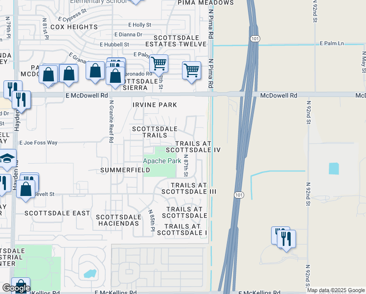 map of restaurants, bars, coffee shops, grocery stores, and more near 1190 North 87th Street in Scottsdale
