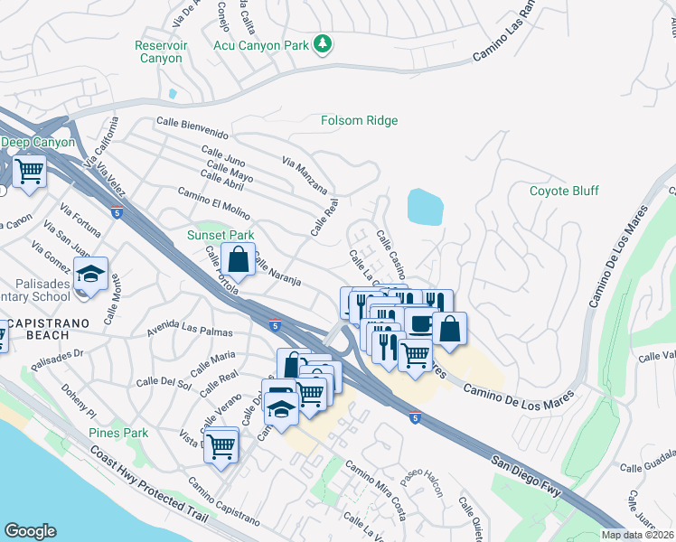 map of restaurants, bars, coffee shops, grocery stores, and more near 27196 Calle Alta Vista in Dana Point
