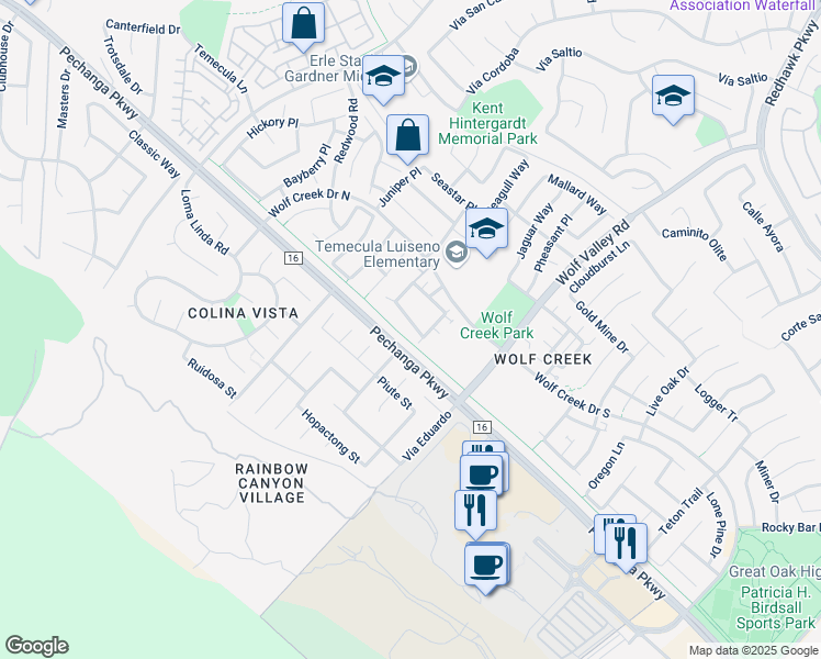 map of restaurants, bars, coffee shops, grocery stores, and more near 31589 Six Rivers Court in Temecula