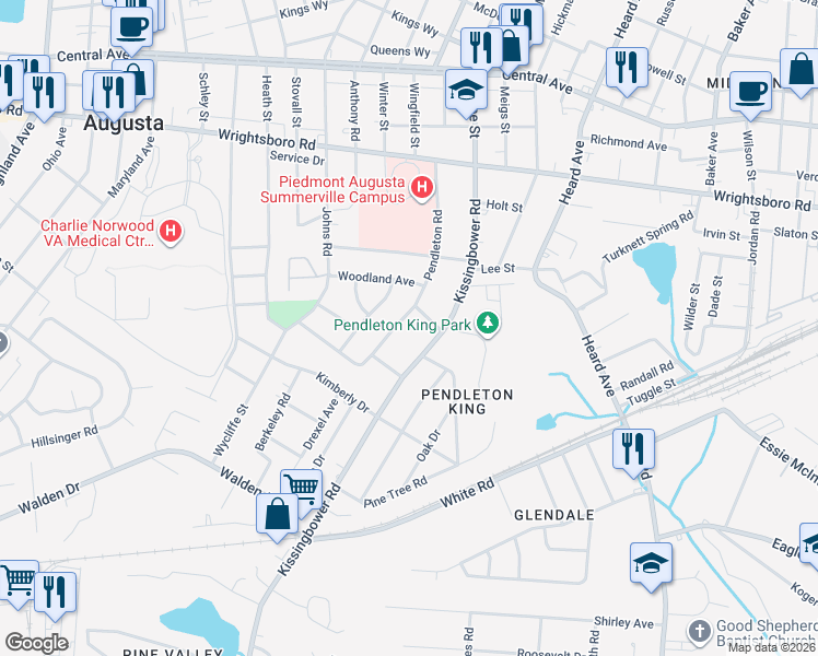map of restaurants, bars, coffee shops, grocery stores, and more near 1608 Pendleton Road in Augusta