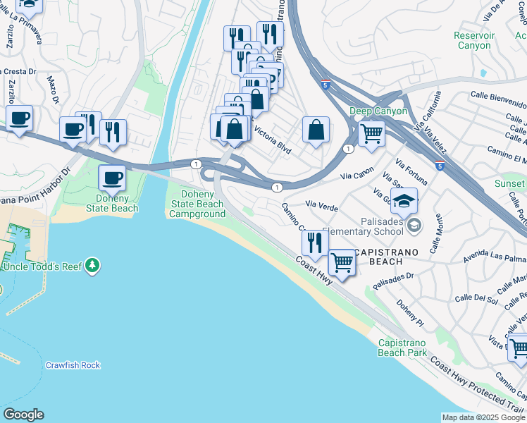 map of restaurants, bars, coffee shops, grocery stores, and more near 25982 Vista Drive East in Dana Point