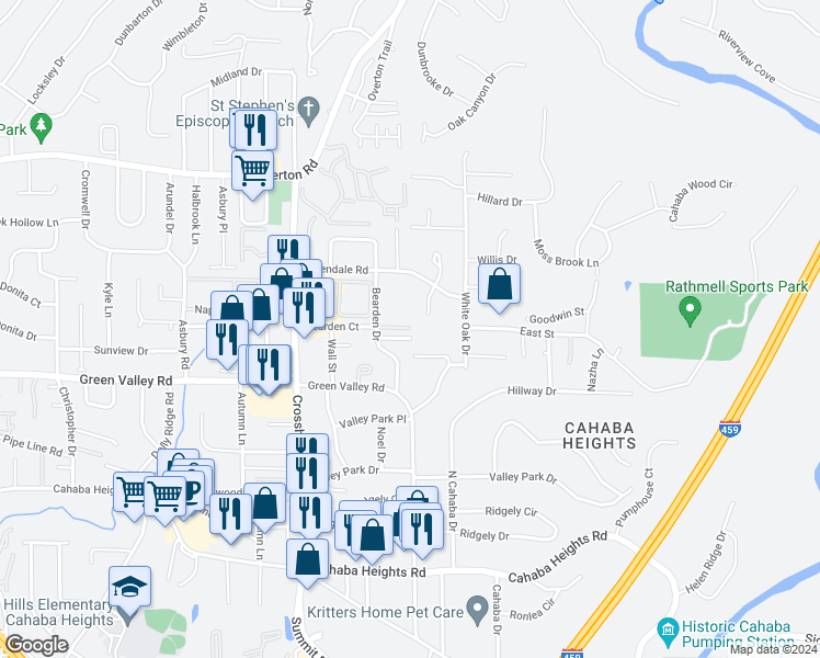 map of restaurants, bars, coffee shops, grocery stores, and more near 3299 Dale Drive in Vestavia Hills