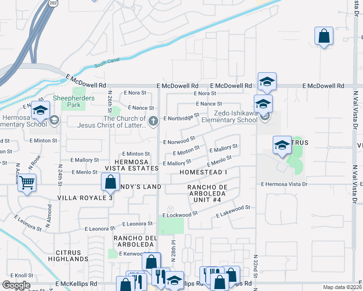 map of restaurants, bars, coffee shops, grocery stores, and more near 2907 East Norwood Street in Mesa