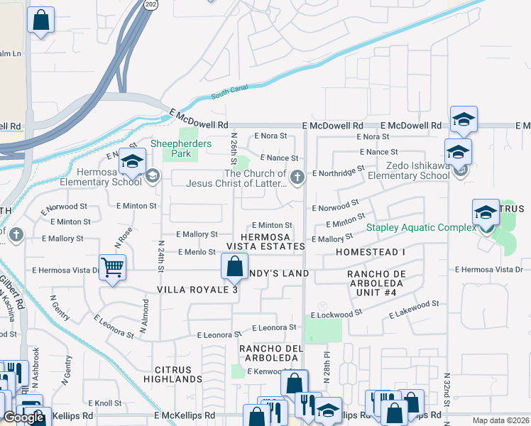 map of restaurants, bars, coffee shops, grocery stores, and more near 2560 North Lindsay Road in Mesa