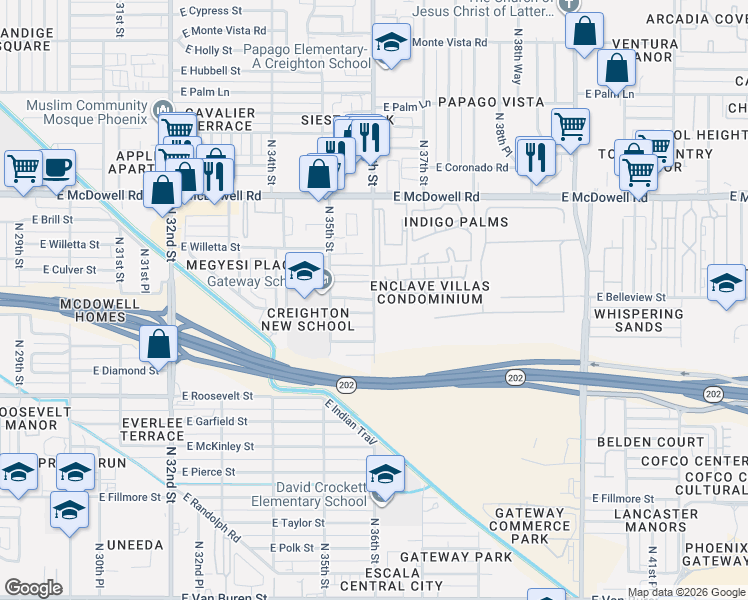 map of restaurants, bars, coffee shops, grocery stores, and more near 1225 North 36th Street in Phoenix