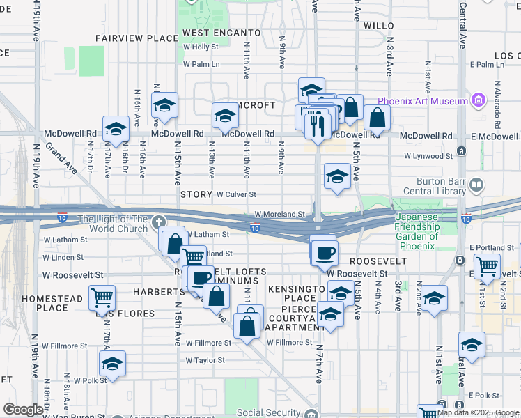 map of restaurants, bars, coffee shops, grocery stores, and more near 922 West Moreland Street in Phoenix