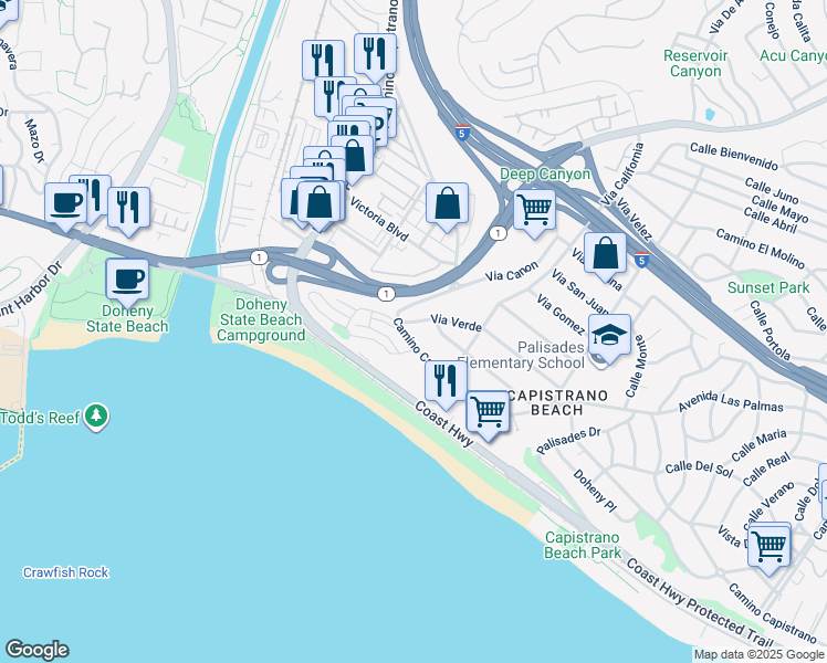 map of restaurants, bars, coffee shops, grocery stores, and more near 34433 Via Verde in Dana Point