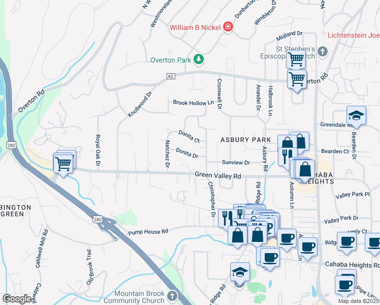 map of restaurants, bars, coffee shops, grocery stores, and more near 2968 Donita Drive in Vestavia Hills