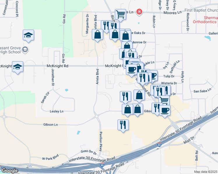 map of restaurants, bars, coffee shops, grocery stores, and more near 4323 McKnight Road in Texarkana