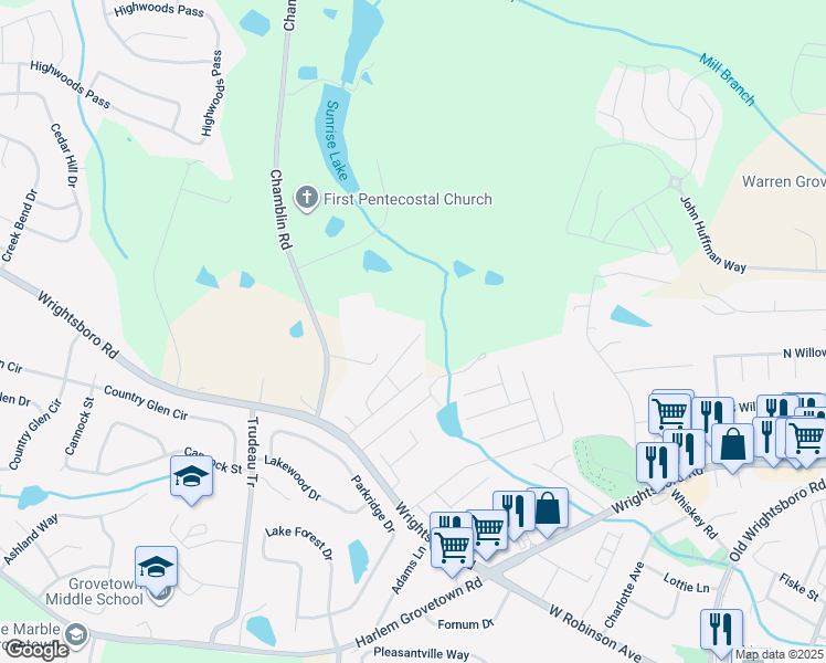 map of restaurants, bars, coffee shops, grocery stores, and more near 279 Lynbrook Way in Grovetown