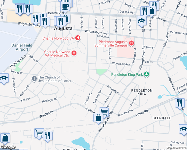 map of restaurants, bars, coffee shops, grocery stores, and more near 1799 Heath Street in Augusta