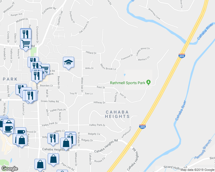 map of restaurants, bars, coffee shops, grocery stores, and more near 3448 East Street in Vestavia Hills
