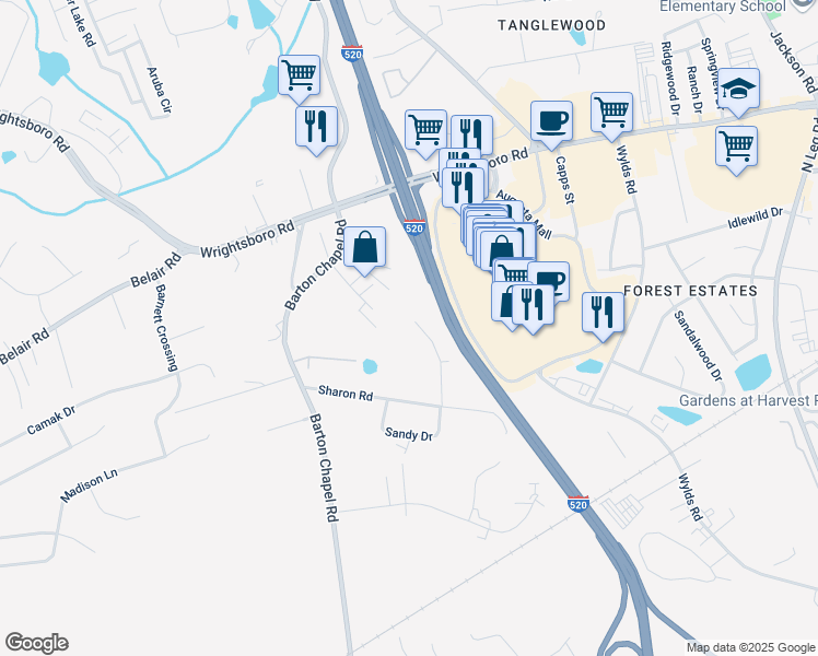 map of restaurants, bars, coffee shops, grocery stores, and more near 1613 Harvey Drive in Augusta