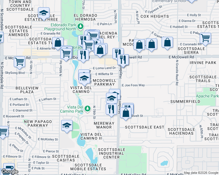 map of restaurants, bars, coffee shops, grocery stores, and more near 7917 East Belleview Street in Scottsdale