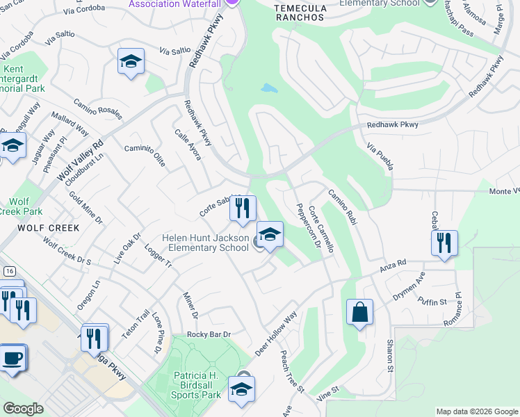 map of restaurants, bars, coffee shops, grocery stores, and more near 45870 Paseo Gallante in Temecula