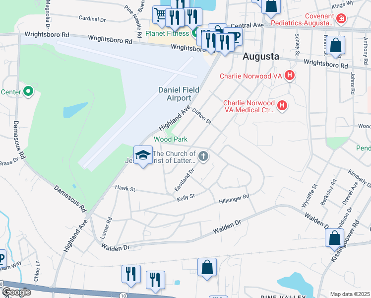 map of restaurants, bars, coffee shops, grocery stores, and more near 2101 Providence Drive in Augusta
