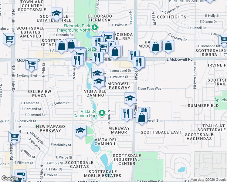 map of restaurants, bars, coffee shops, grocery stores, and more near 7825 East Belleview Street in Scottsdale