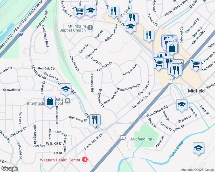 map of restaurants, bars, coffee shops, grocery stores, and more near 7409 Dogwood Ln in Fairfield