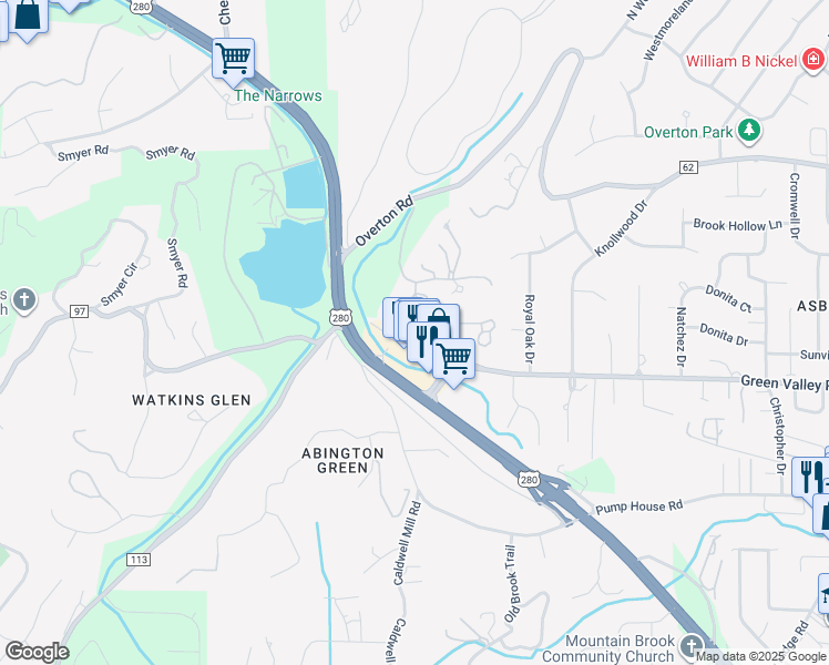 map of restaurants, bars, coffee shops, grocery stores, and more near 3920 Green Valley Road in Mountain Brook