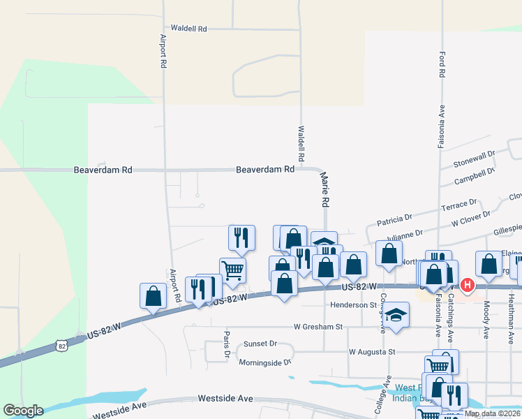 map of restaurants, bars, coffee shops, grocery stores, and more near in Indianola