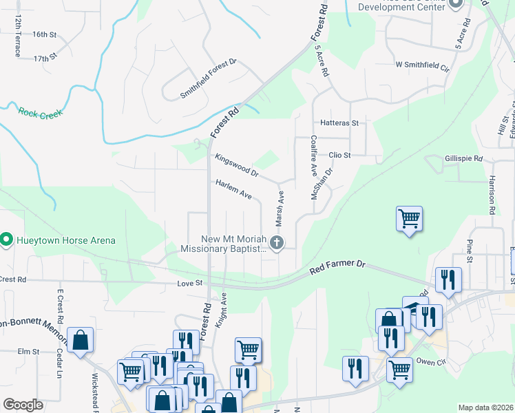 map of restaurants, bars, coffee shops, grocery stores, and more near 512 Harlem Avenue in Hueytown