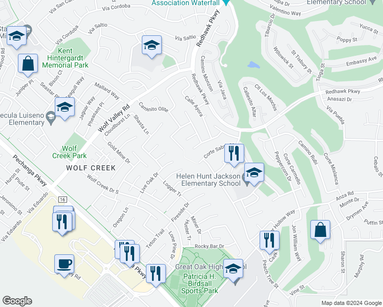 map of restaurants, bars, coffee shops, grocery stores, and more near 32133 Callesito Fadrique in Temecula