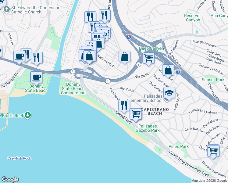 map of restaurants, bars, coffee shops, grocery stores, and more near 34433 Via Verde in Dana Point