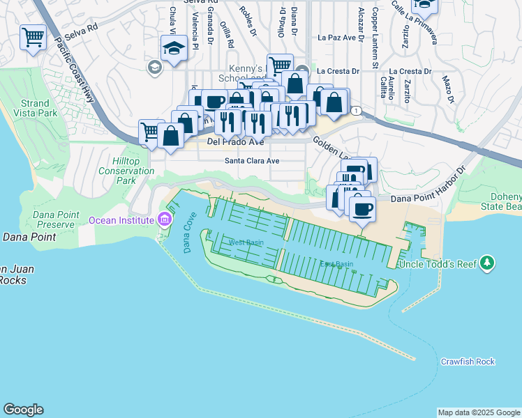 map of restaurants, bars, coffee shops, grocery stores, and more near 24500 Dana Point Harbor Drive in Dana Point