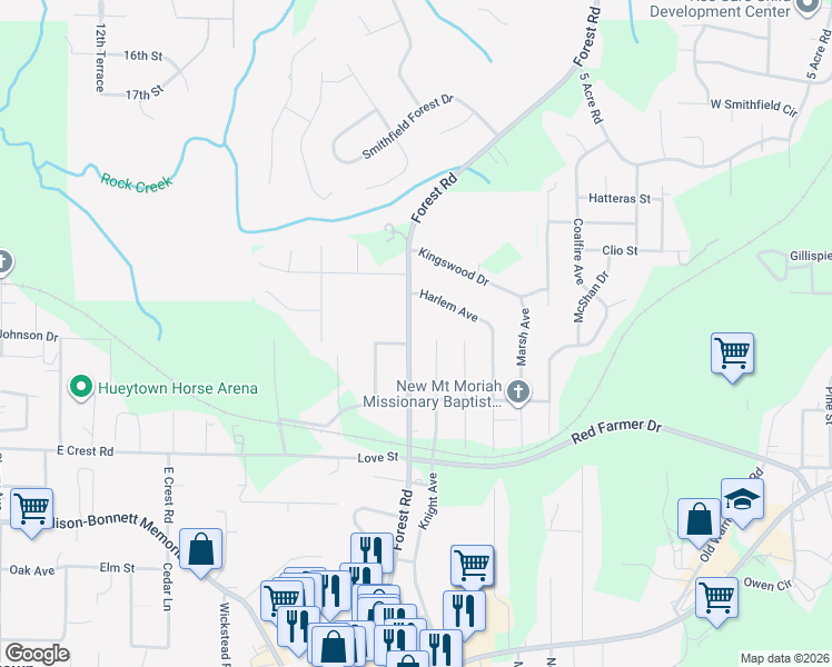 map of restaurants, bars, coffee shops, grocery stores, and more near 505 Forest Road in Hueytown