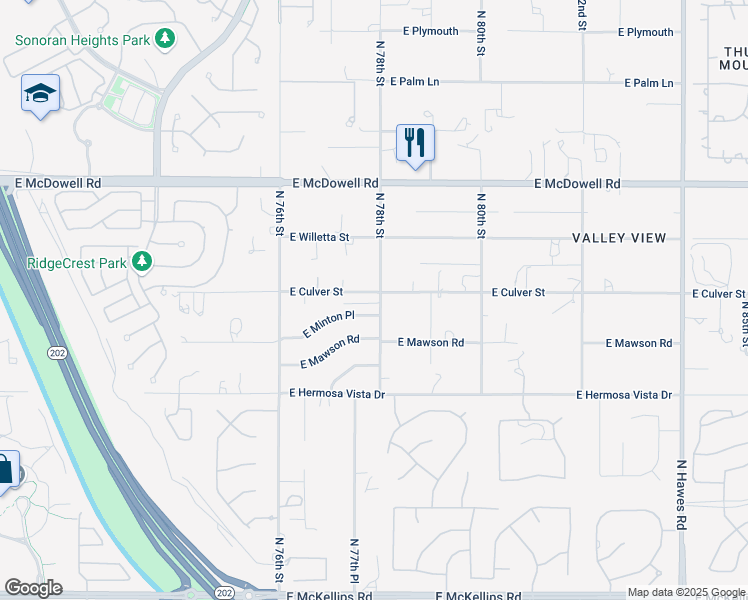map of restaurants, bars, coffee shops, grocery stores, and more near 2536 North 78th Street in Mesa