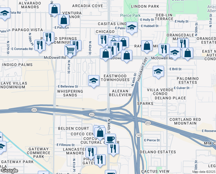 map of restaurants, bars, coffee shops, grocery stores, and more near N 44th St & E Belleview St in Phoenix
