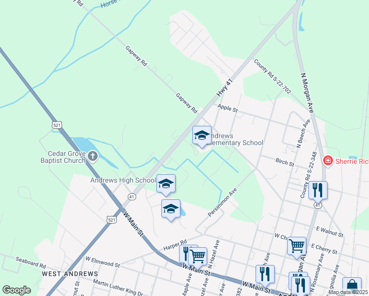 map of restaurants, bars, coffee shops, grocery stores, and more near 12804 County Line Road in Andrews