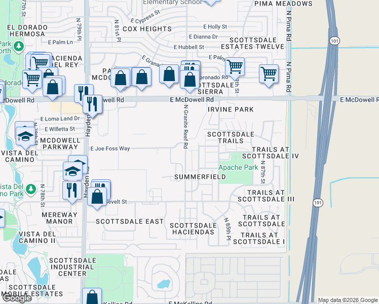 map of restaurants, bars, coffee shops, grocery stores, and more near 1253 North Granite Reef Road in Scottsdale