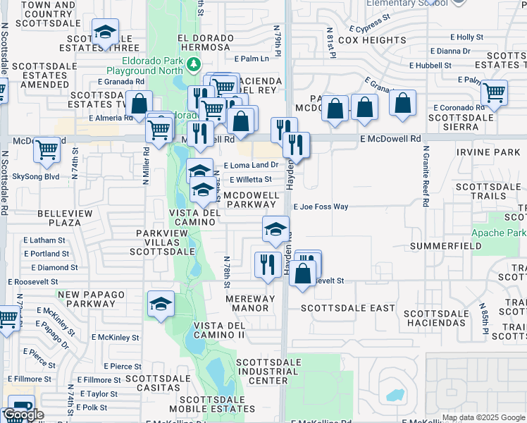 map of restaurants, bars, coffee shops, grocery stores, and more near 7917 East Belleview Street in Scottsdale