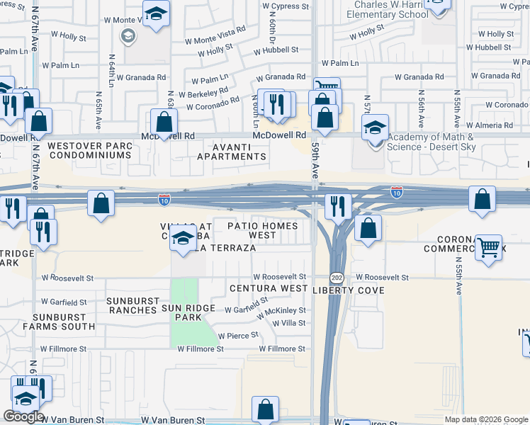 map of restaurants, bars, coffee shops, grocery stores, and more near 6022 West Belleview Street in Phoenix