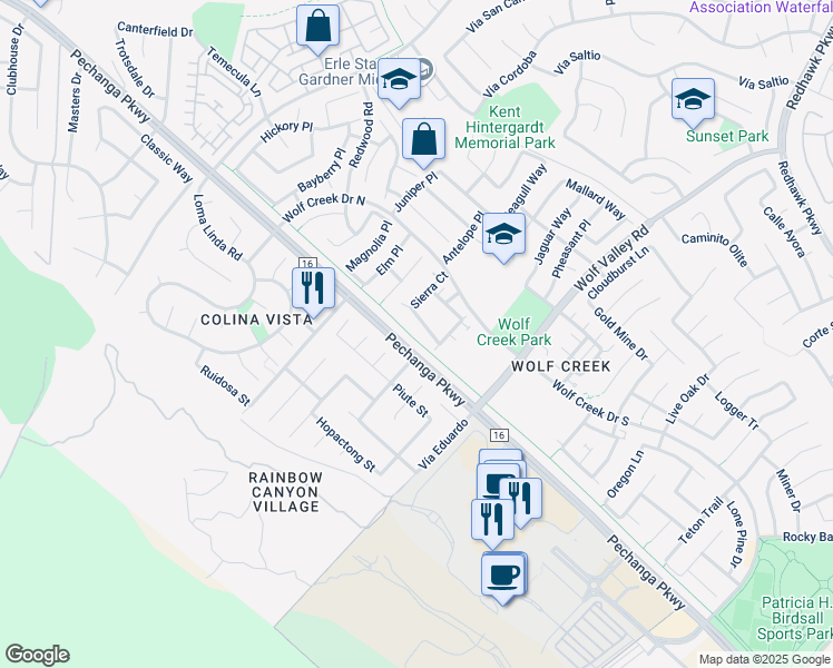 map of restaurants, bars, coffee shops, grocery stores, and more near 31589 Six Rivers Court in Temecula