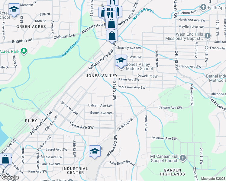 map of restaurants, bars, coffee shops, grocery stores, and more near 2208 31st Street Southwest in Birmingham