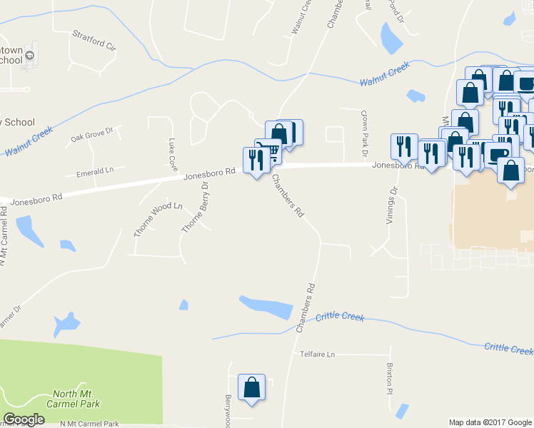 map of restaurants, bars, coffee shops, grocery stores, and more near 1605 Chambers Road in McDonough