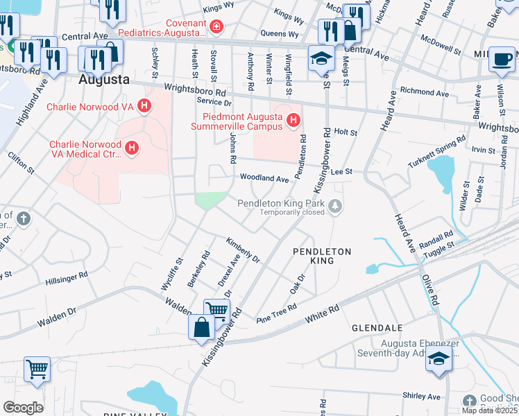 map of restaurants, bars, coffee shops, grocery stores, and more near 1614 Winter Street in Augusta