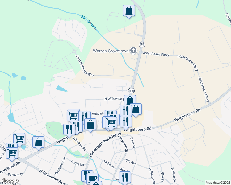 map of restaurants, bars, coffee shops, grocery stores, and more near 5112 Robin Lane in Grovetown