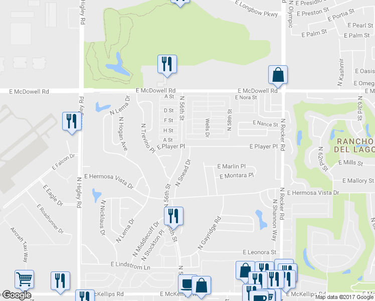 map of restaurants, bars, coffee shops, grocery stores, and more near 2544 North Snead Drive in Mesa