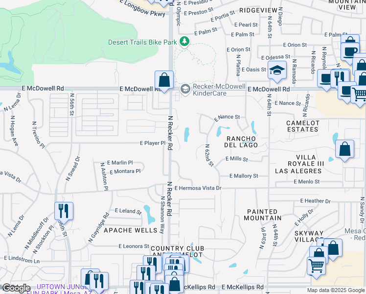 map of restaurants, bars, coffee shops, grocery stores, and more near 2543 North Doral Circle in Mesa