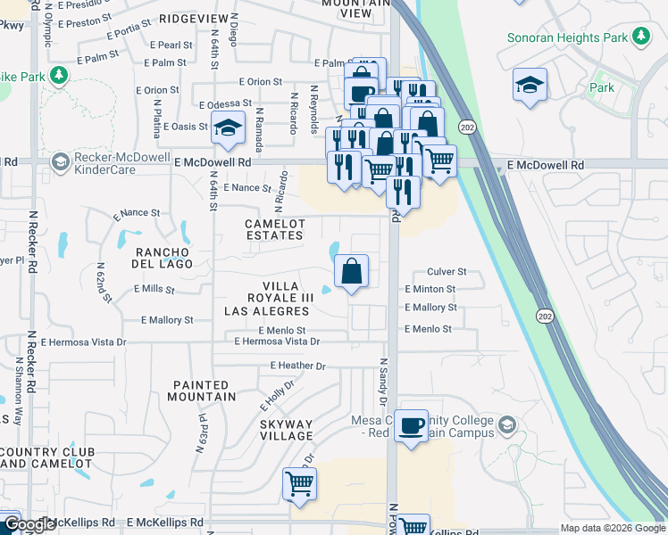map of restaurants, bars, coffee shops, grocery stores, and more near 6650 East Melrose Street in Mesa