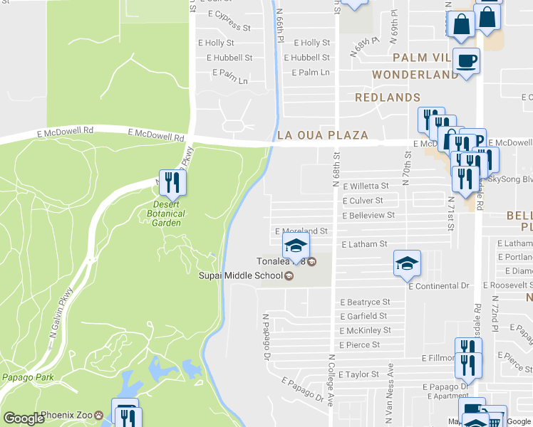 map of restaurants, bars, coffee shops, grocery stores, and more near 1302 North 66th Street in Scottsdale