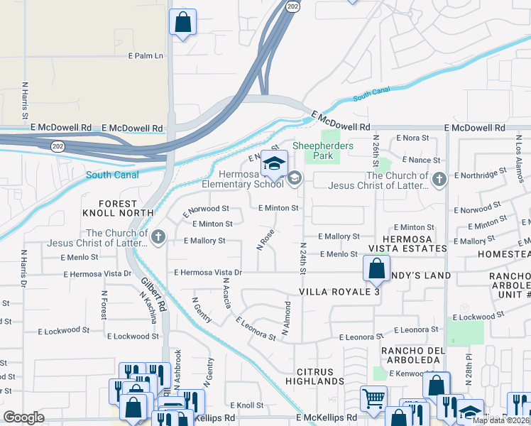 map of restaurants, bars, coffee shops, grocery stores, and more near 2261 East Minton Street in Mesa