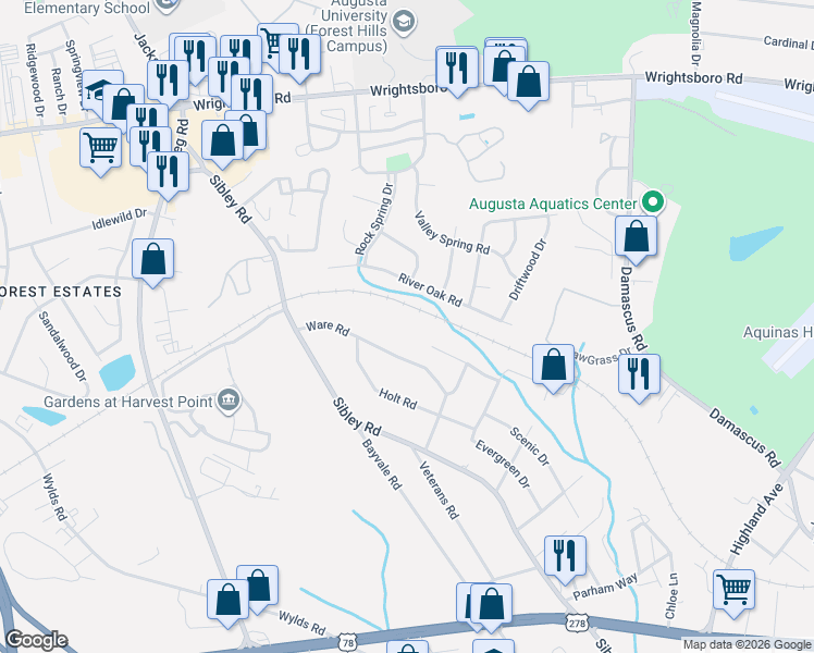 map of restaurants, bars, coffee shops, grocery stores, and more near 3217 Clarence Drive in Augusta