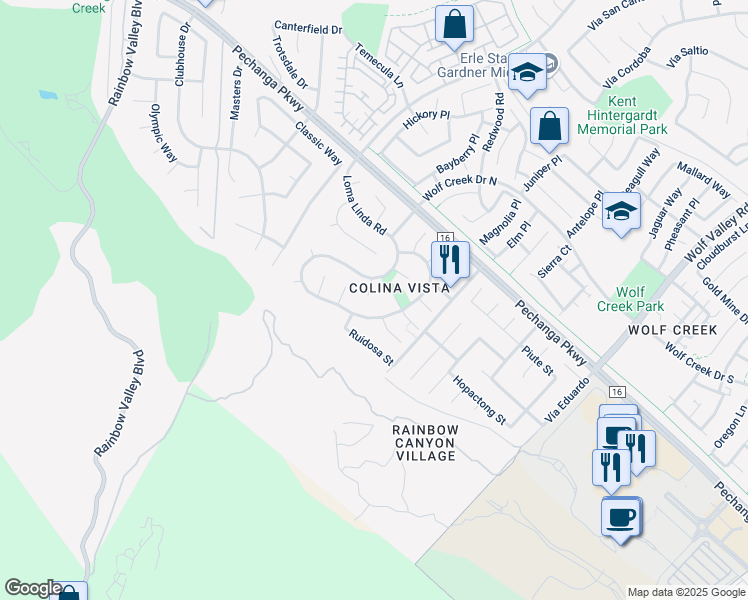 map of restaurants, bars, coffee shops, grocery stores, and more near 45358 Tesiben Court in Temecula