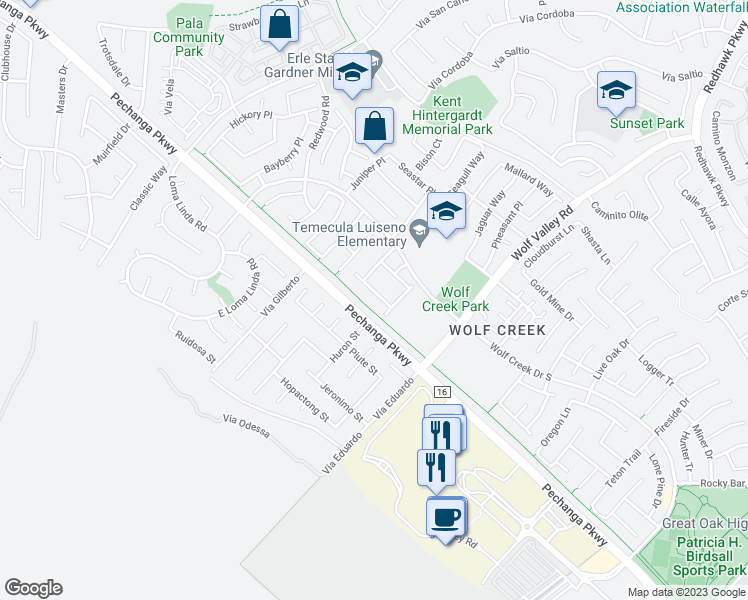 map of restaurants, bars, coffee shops, grocery stores, and more near 31573 Six Rivers Court in Temecula